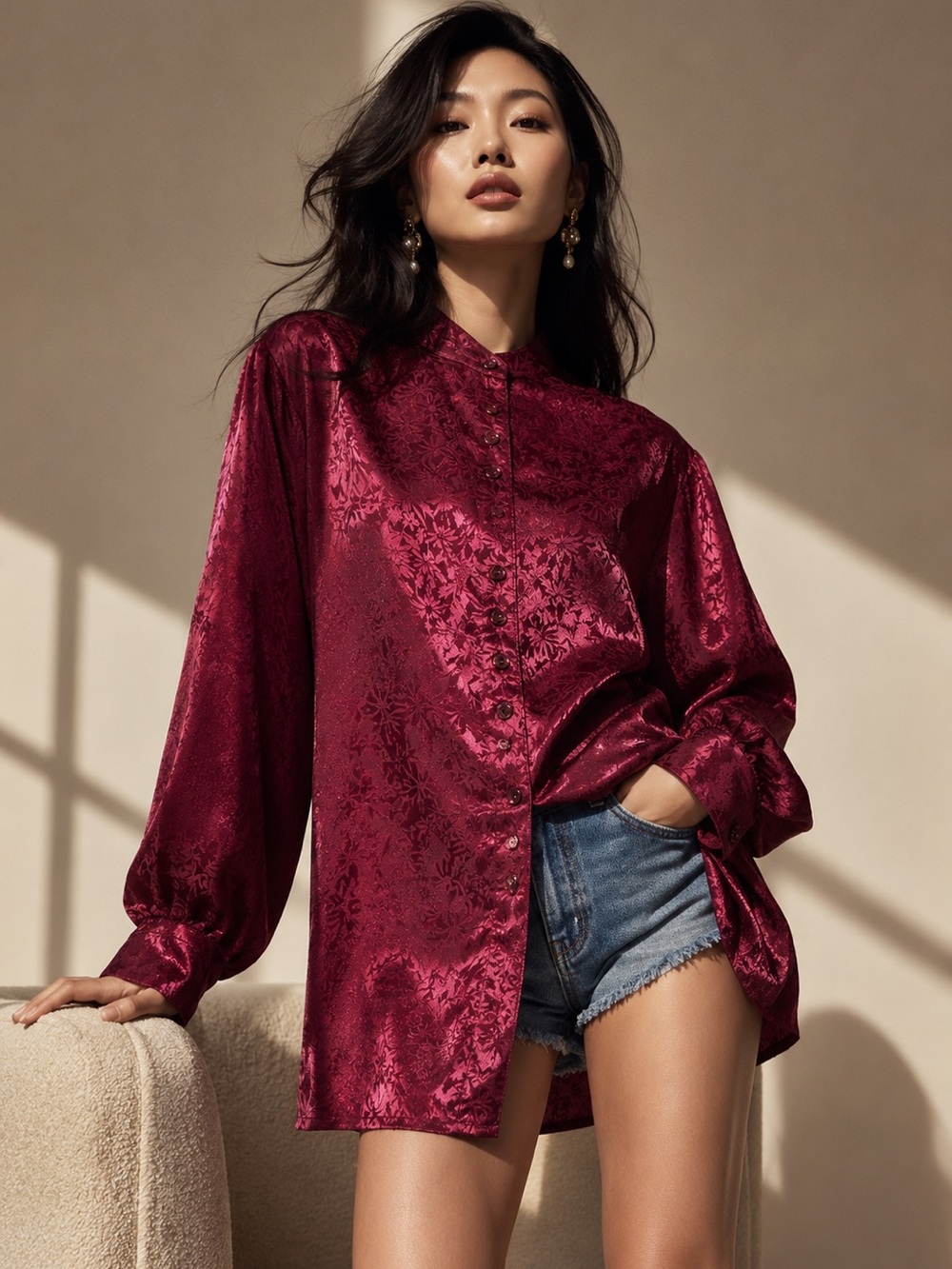 Vintage Cassino Satin Floral Jacquard Tunic Blouse | Mandarin Collar | Size S-M